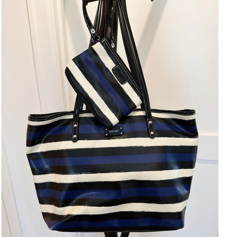 Nine West tote bag set blue black  cream stripes with matching zip pouch